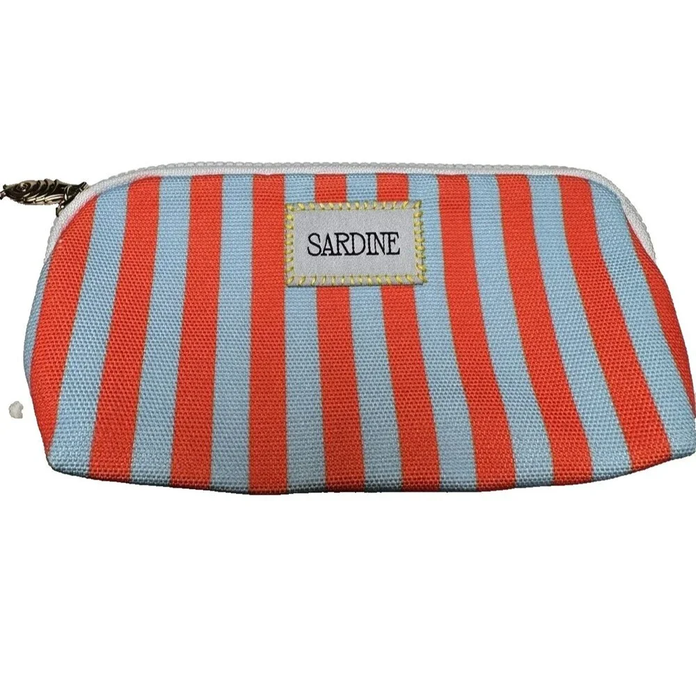 Striped Makeup Pouch Sardine Euro Summer Zip Toiletry Holder Coastal Cabana New